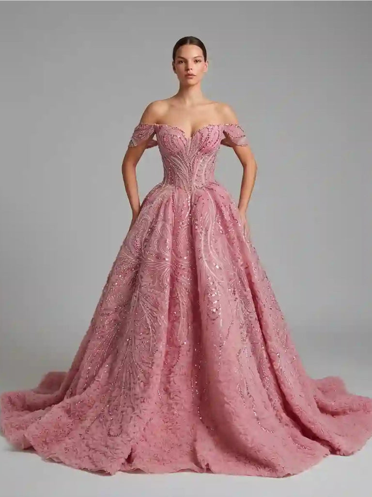 Vestido de Debutante Rosa Bordado com Corset Estruturado e Saia Princesa