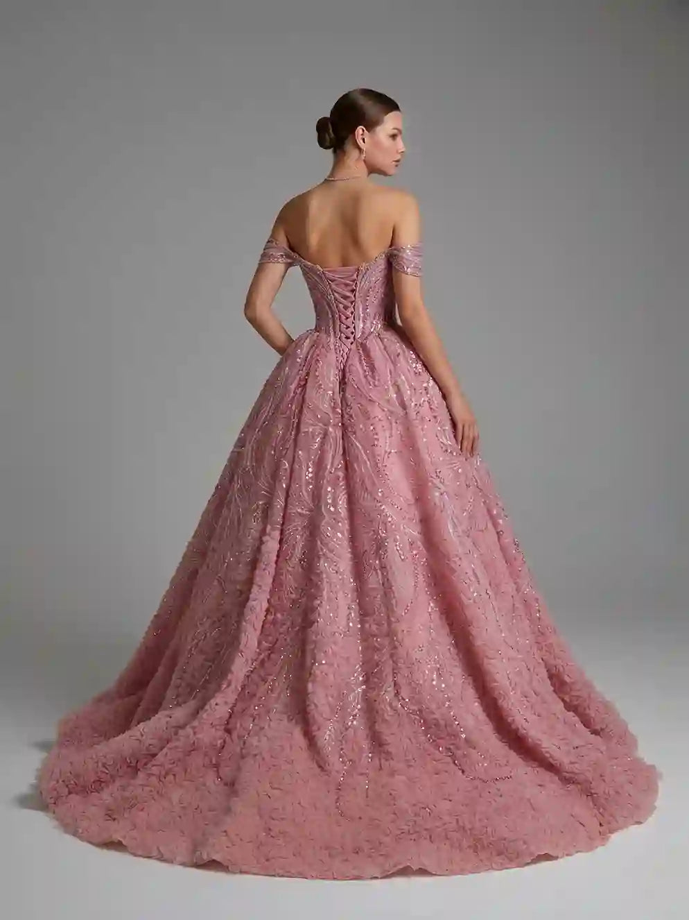 Embroidered Pink Debutante Dress with Structured Corset and Princess Skirt