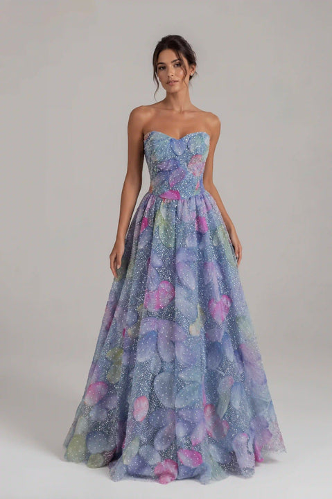 Vestido de Festa Azul Bordado com Corset Estruturado e Saia Evasê