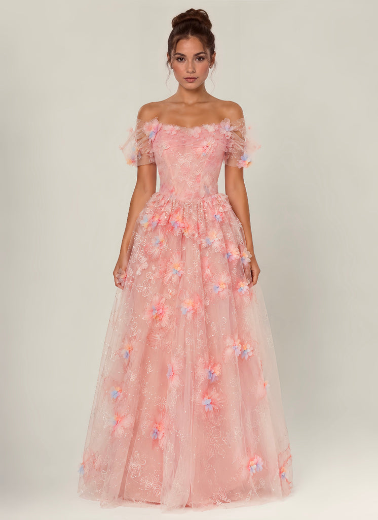 Vestido de Festa Rosa Bordado com Flores 3D, Corset Estruturado e Saia em Tule