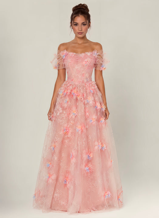 Vestido de Festa Rosa Bordado com Flores 3D, Corset Estruturado e Saia em Tule