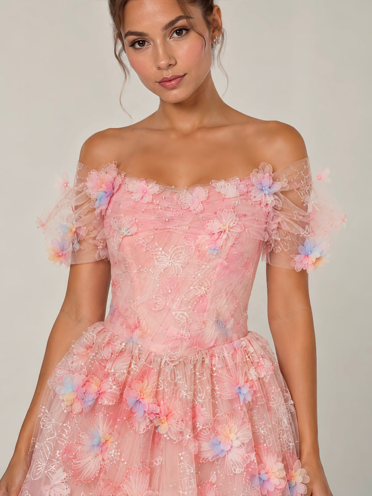 Vestido de Festa Rosa Bordado com Flores 3D, Corset Estruturado e Saia em Tule