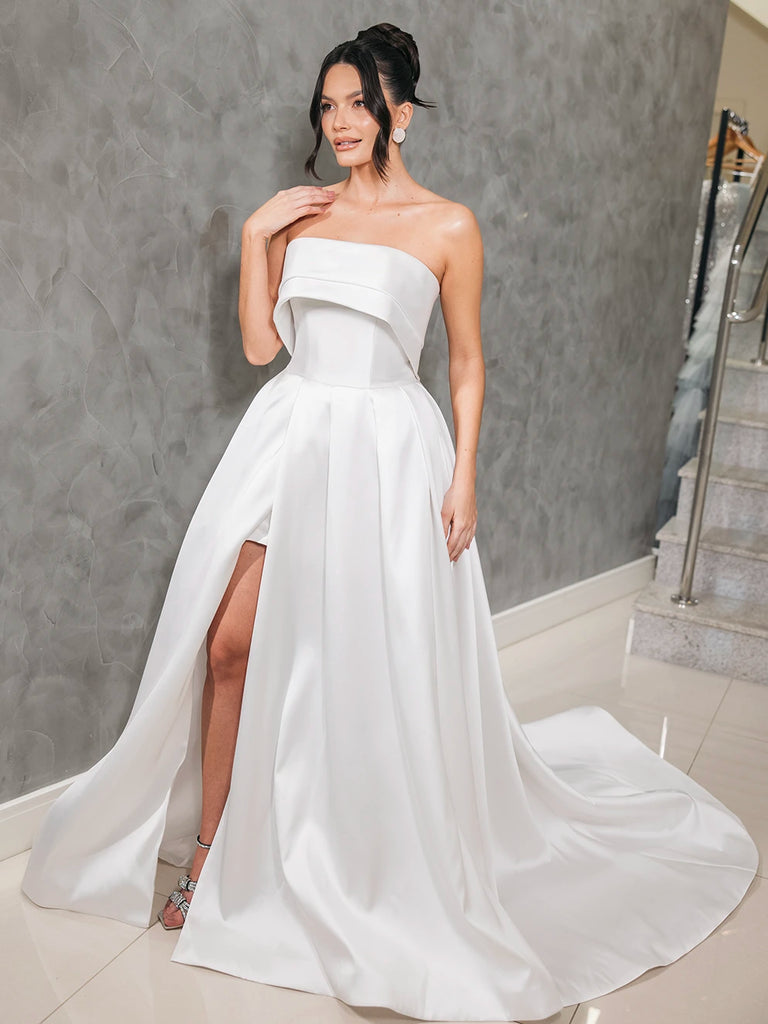 Vestido de Noiva Minimalista em Zibeline com Fenda Frontal